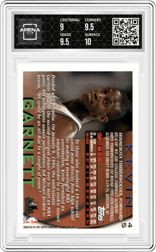 Kevin Garnett from the 1996-97 Topps set graded by Arena Club and given an overall grade of 9.5.