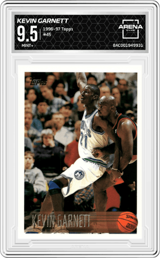 Kevin Garnett from the 1996-97 Topps set graded by Arena Club and given an overall grade of 9.5.