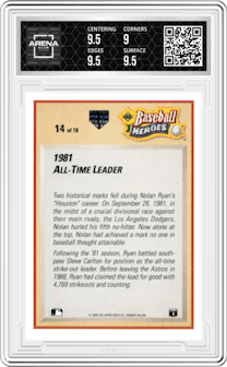 Nolan Ryan from the 1991 Upper Deck set graded by Arena Club and given an overall grade of 9.5.