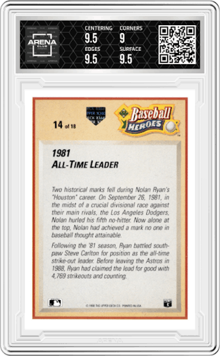 Nolan Ryan from the 1991 Upper Deck set graded by Arena Club and given an overall grade of 9.5.