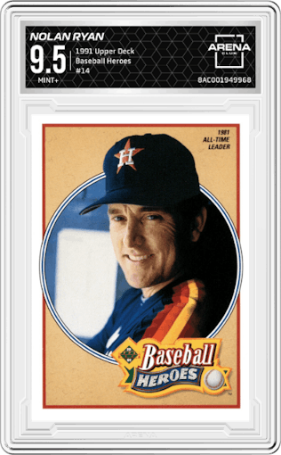 Nolan Ryan from the 1991 Upper Deck set graded by Arena Club and given an overall grade of 9.5.