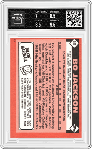 Bo Jackson from the 1986 Topps Traded set graded by Arena Club and given an overall grade of 7.5.
