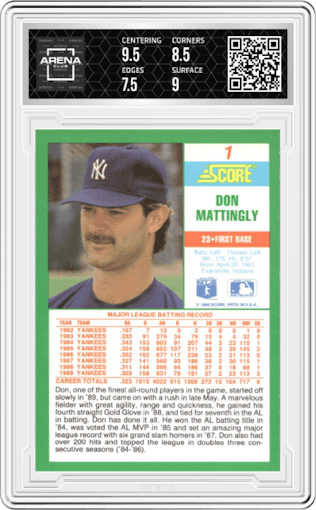 Don Mattingly from the 1990 Score set graded by Arena Club and given an overall grade of 8.