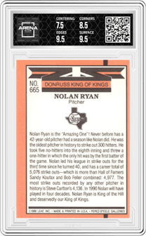 Nolan Ryan from the 1990 Donruss set graded by Arena Club and given an overall grade of 8.