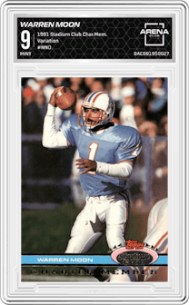 Warren Moon from the 1991 Stadium Club Charter Member set featuring a Variation parallel graded by Arena Club and given an overall grade of 9.