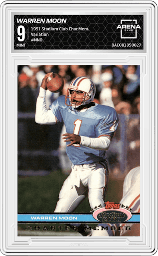 Warren Moon from the 1991 Stadium Club Charter Member set featuring a Variation parallel graded by Arena Club and given an overall grade of 9.