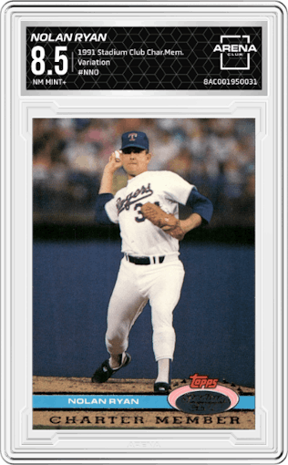 Nolan Ryan from the 1991 Stadium Club Charter Member set featuring a Variation parallel graded by Arena Club and given an overall grade of 8.5.