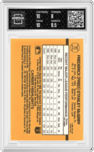 Fred McGriff from the 1989 Donruss set graded by Arena Club and given an overall grade of 8.5.