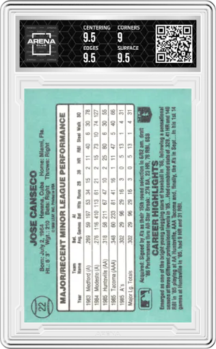 Jose Canseco from the 1986 Donruss The Rookies set graded by Arena Club and given an overall grade of 9.5.