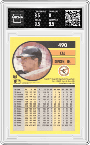 Cal Ripken, Jr. from the 1991 Fleer set featuring a Variation parallel graded by Arena Club and given an overall grade of 8.5.
