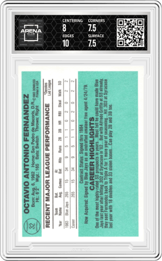 Tony Fernandez from the 1984 Donruss set graded by Arena Club and given an overall grade of 8.