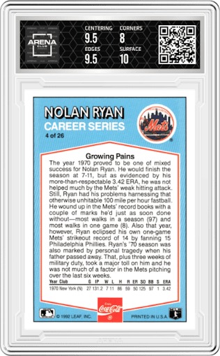 Nolan Ryan from the 1992 Donruss Coca Cola set graded by Arena Club and given an overall grade of 8.5.