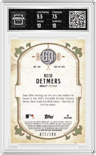 Reid Detmers from the 2022 Topps Gypsy Queen set featuring a Turquoise parallel graded by Arena Club and given an overall grade of 8.
