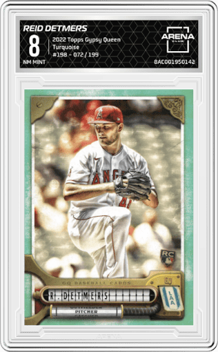 Reid Detmers from the 2022 Topps Gypsy Queen set featuring a Turquoise parallel graded by Arena Club and given an overall grade of 8.
