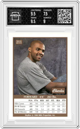 Charles Barkley from the 1990-91 SkyBox  set graded by Arena Club and given an overall grade of 8.