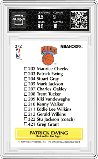 Patrick Ewing from the 1990-91 NBA Hoops set graded by Arena Club and given an overall grade of 9.5.