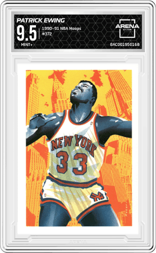 Patrick Ewing from the 1990-91 NBA Hoops set graded by Arena Club and given an overall grade of 9.5.