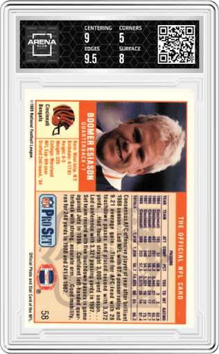 Boomer Esiason from the 1989 Pro Set set graded by Arena Club and given an overall grade of 5.5.
