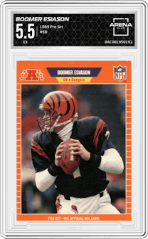 Boomer Esiason from the 1989 Pro Set set graded by Arena Club and given an overall grade of 5.5.