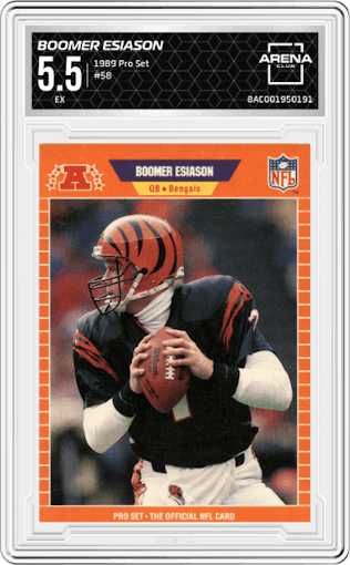 Boomer Esiason from the 1989 Pro Set set graded by Arena Club and given an overall grade of 5.5.