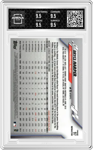 Bryce Harper from the 2020 Topps Chrome set featuring a Pink Refractor parallel graded by Arena Club and given an overall grade of 9.5.