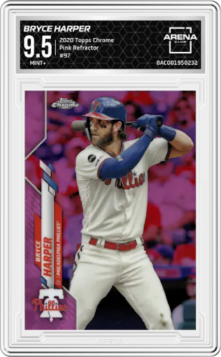 Bryce Harper from the 2020 Topps Chrome set featuring a Pink Refractor parallel graded by Arena Club and given an overall grade of 9.5.