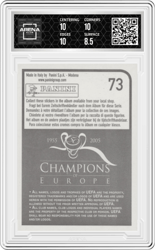 Ronaldinho from the 2005 Panini Champions of Europe 1955-2005 set graded by Arena Club and given an overall grade of 9.