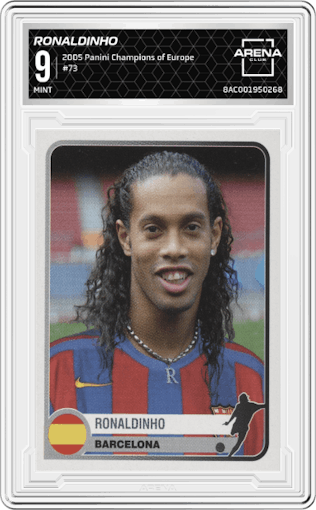Ronaldinho from the 2005 Panini Champions of Europe 1955-2005 set graded by Arena Club and given an overall grade of 9.