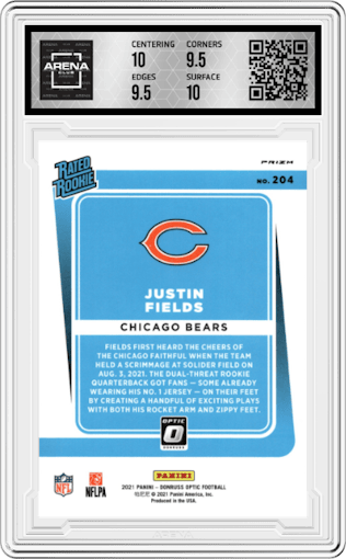 Justin Fields from the 2021 Panini Donruss Optic set featuring a Pink parallel graded by Arena Club and given an overall grade of 10.