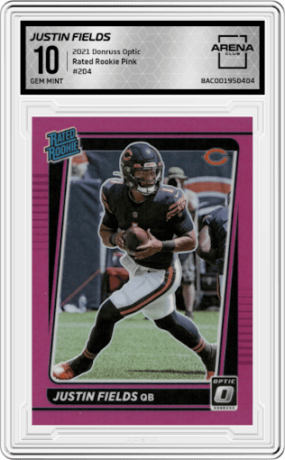 Justin Fields from the 2021 Panini Donruss Optic set featuring a Pink parallel graded by Arena Club and given an overall grade of 10.