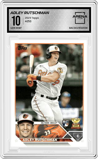 Adley Rutschman from the 2023 Topps  set graded by Arena Club and given an overall grade of 10.