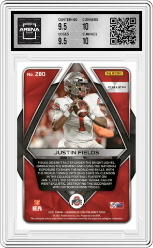 Justin Fields from the 2021 Panini Chronicles Draft Picks set featuring a Pink parallel graded by Arena Club and given an overall grade of 10.