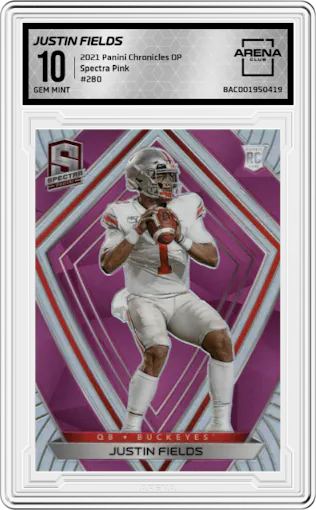 Justin Fields from the 2021 Panini Chronicles Draft Picks set featuring a Pink parallel graded by Arena Club and given an overall grade of 10.