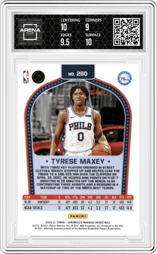 Tyrese Maxey from the 2020-21 Panini Chronicles set graded by Arena Club and given an overall grade of 9.5.
