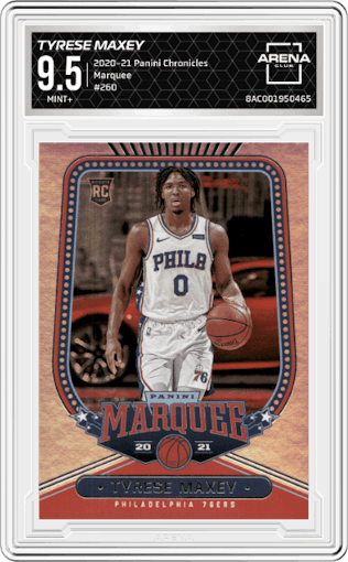 Tyrese Maxey from the 2020-21 Panini Chronicles set graded by Arena Club and given an overall grade of 9.5.