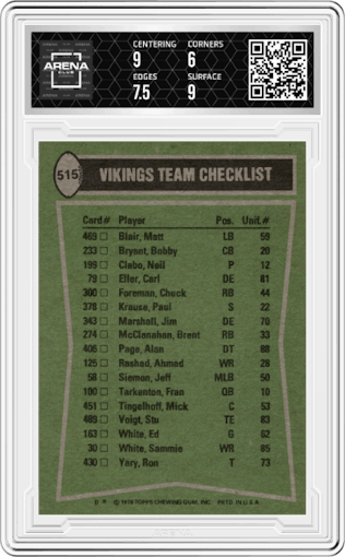 Chuck Foreman/Sammy White/Bobby Bryant/Carl Eller from the 1978 Topps set graded by Arena Club and given an overall grade of 6.5.