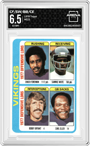 Chuck Foreman/Sammy White/Bobby Bryant/Carl Eller from the 1978 Topps set graded by Arena Club and given an overall grade of 6.5.