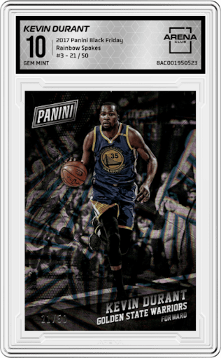  Kevin Durant  from the 2017 Panini Black Friday set featuring a Rainbow Spokes  parallel graded by Arena Club and given an overall grade of 10.