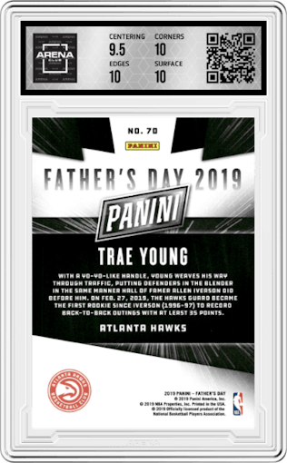 Trae Young from the 2019 Panini Father’s Day Multi-Sport set graded by Arena Club and given an overall grade of 10.