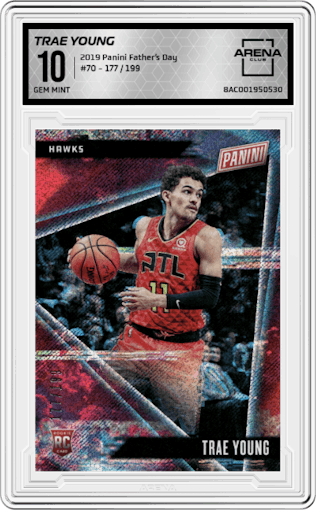 Trae Young from the 2019 Panini Father’s Day Multi-Sport set graded by Arena Club and given an overall grade of 10.
