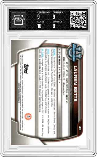 Lauren Betts from the 2022-23 Bowman University Chrome set graded by Arena Club and given an overall grade of 9.5.