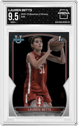 Lauren Betts from the 2022-23 Bowman University Chrome set graded by Arena Club and given an overall grade of 9.5.
