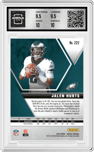 Jalen Hurts from the 2020 Panini Mosaic set graded by Arena Club and given an overall grade of 10.