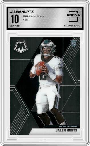 Jalen Hurts from the 2020 Panini Mosaic set graded by Arena Club and given an overall grade of 10.