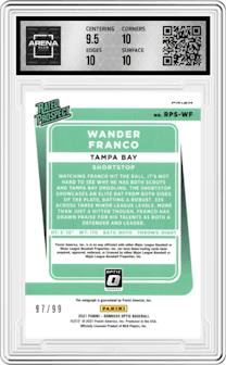 Wander Franco from the 2021 Panini Donruss Optic set featuring a Green Mojo parallel graded by Arena Club and given an overall grade of 10.