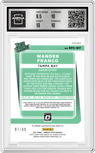 Wander Franco from the 2021 Panini Donruss Optic set featuring a Green Mojo parallel graded by Arena Club and given an overall grade of 10.