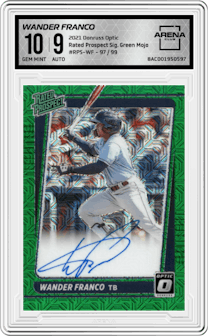 Wander Franco from the 2021 Panini Donruss Optic set featuring a Green Mojo parallel graded by Arena Club and given an overall grade of 10.