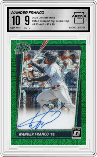 Wander Franco from the 2021 Panini Donruss Optic set featuring a Green Mojo parallel graded by Arena Club and given an overall grade of 10.