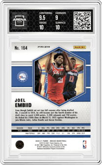 Joel Embiid from the 2020-21 Panini Mosaic set featuring a Mosaic parallel graded by Arena Club and given an overall grade of 9.5.