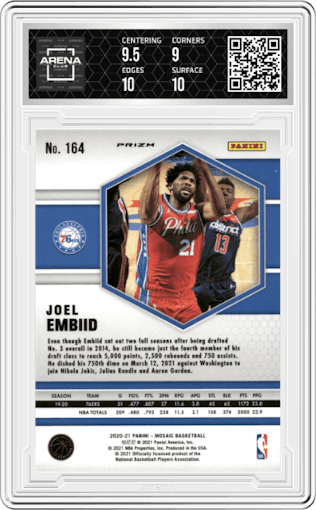 Joel Embiid from the 2020-21 Panini Mosaic set featuring a Mosaic parallel graded by Arena Club and given an overall grade of 9.5.